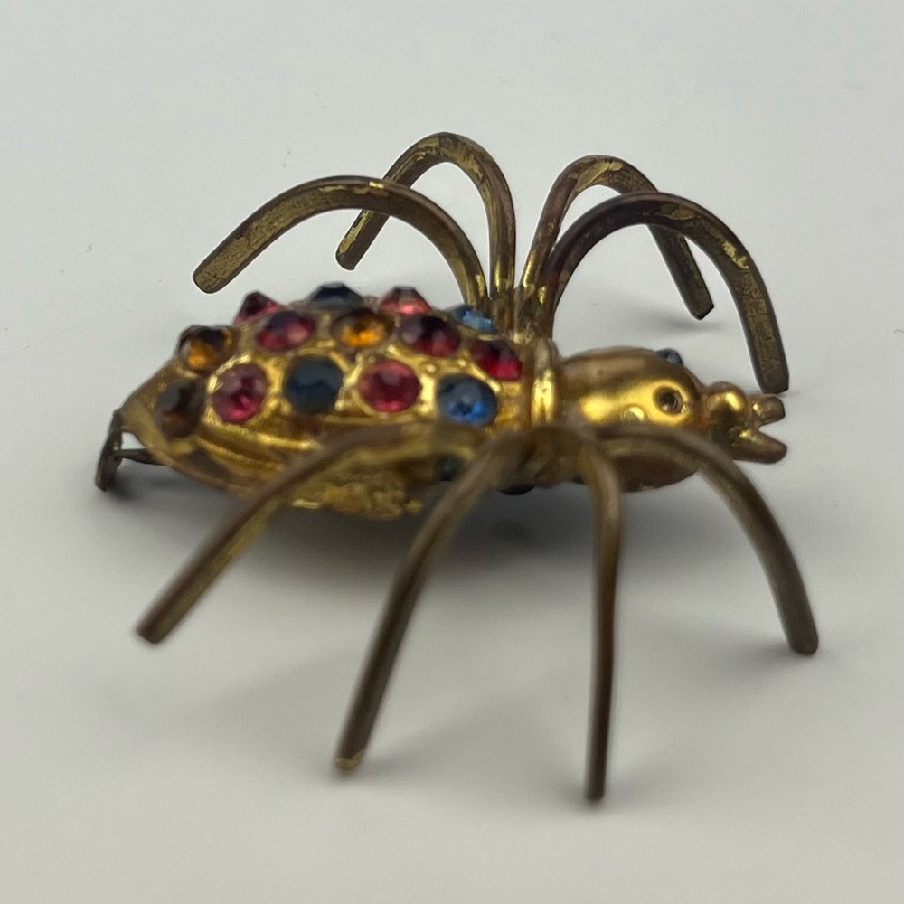 Vintage Czechoslovakian Brass Metal Bug Spider Insect Brooch Pin Rhinestones